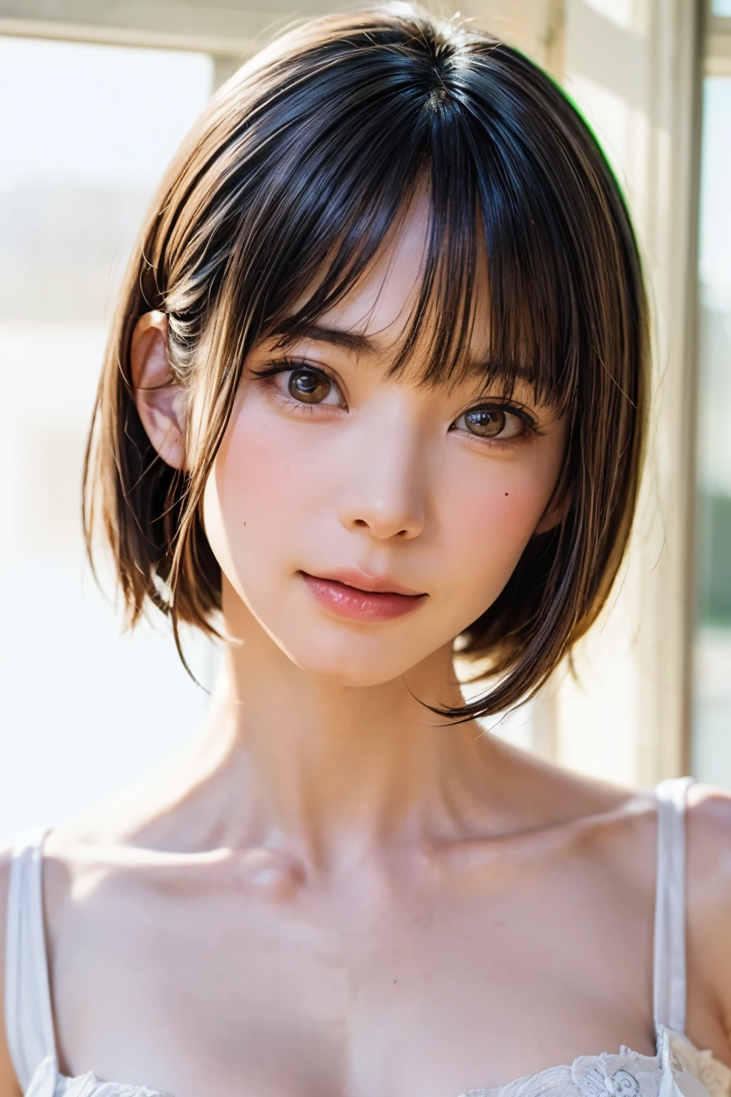 ((masterpiece, Highest quality, High resolution、Realisticですべてが美しく詳細に描かれている)), 1 girl, (Realistic: 1.4), alone, White Background, snow-White Background, Mouth closed, smile, smile, Beautiful black hair, short hair, Big eyes, Transparent double eyelids, eyelash, Listen carefully, Long neck, 美しくLong neck, Absolute area, ((Face close-up)), (Draw the whole head, shoulder), 19 years old, Attractive proportions, Glowing Skin, Beautiful clavicle, Golden ratio face, Perfect Face, Teardrop-shaped mole, chestのほくろ, bangs, clean bangs, beautiful bangs, Lip gloss, Thin lips, Fair skin, naked, Big Breasts, {Huge|big|Hugeな|Mega} chest:2, chestの谷間:2,chestの谷間を見せる、Small face, Small face, All the heads are painted, shoulder all drawn, Point slightly above the camera