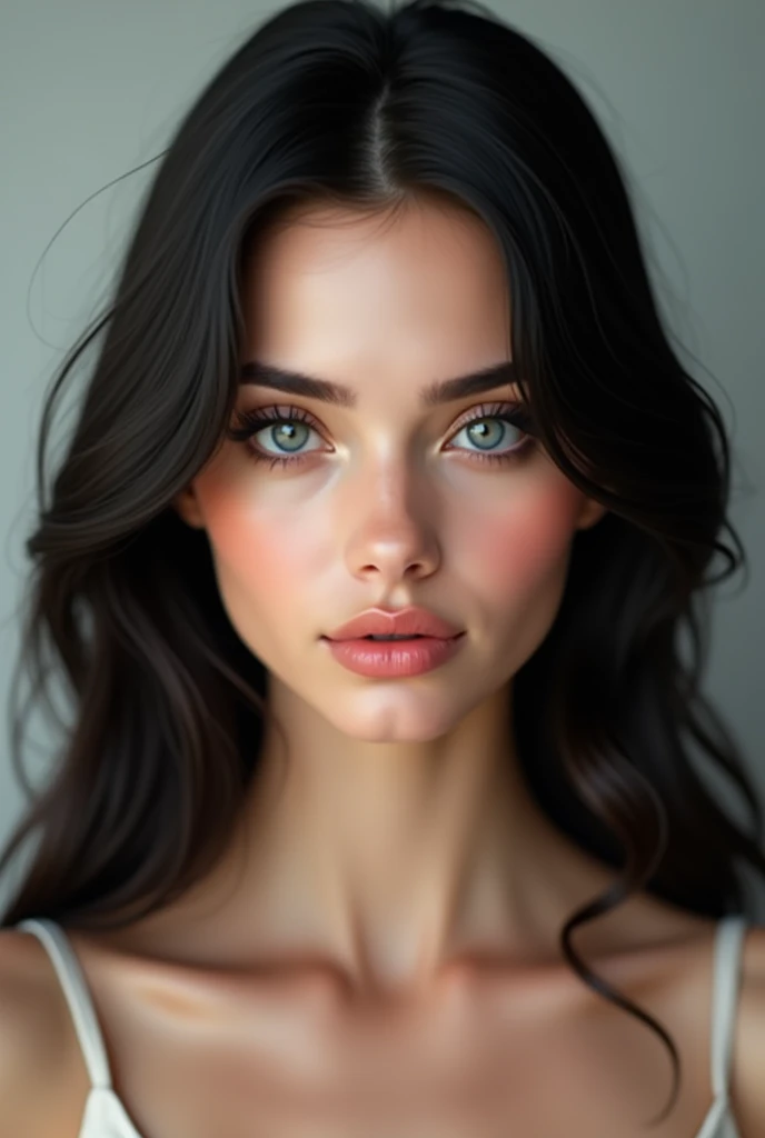 image of a woman, 30 years old, from the front, beautiful face, perfect lips, long black hair, light blue detailed eyes rosto definido
