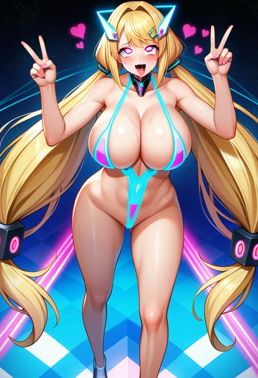 (masterpiece),(best quality),(highly detailed),(best illustration),(best shadows),(absurd),(detailed background),(very beautiful), 16K, 8k,(best illustration),(best shadows), (very beautiful)Angela Balzac, Angela Balzac costume, alone, alone, curvy, , very long hair, , blonde, , fluorescent pink eyes, Expelled from Paradise, , , eye movement disorder, low pigtails, perfect figure, heart-shaped pupils, , , forefoot pose, arching back, , , orgasm, afterglow, sexy smile, , star-shaped hair clip, wire headgear, , , , , sexy posture, dynamic pose, , squinting, , watery eyes, , , , , , saliva marks, , glowing skin, illegal drug intake, , torogao, ahegao, break, dramatic lighting, psychedelic background, clear liquid, night, hypnotic topic, torrent of light, mystical, inner voice, cute girl, single girl, , (single: 1.2), //, big breasts, (big breasts: 1.8), standing, full body shot, no underwear except ultra-thin V front micro plunge, ((only ultra-thin V front micro plunge))