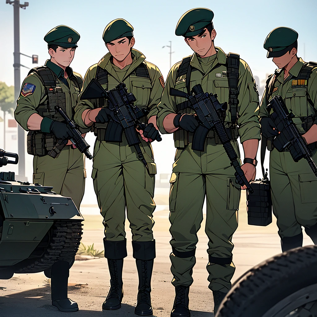 Anime art of female military soldiers wearing high-tech gas masks standing in a formation line in a futuristic setting.