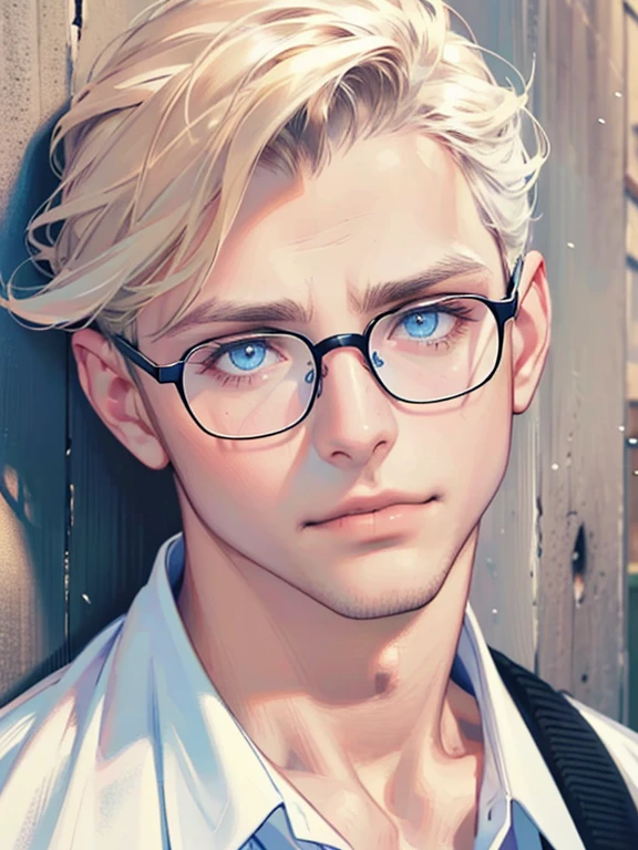 masterpiece, best quality, 1boy, brunette hair, blue eyes, glasses, white shirt, mugshot, wall background, detailed eyes, detailed facial features, realistic and high resolution (best quality, 4k, 8k, highres, masterpiece:1.2)