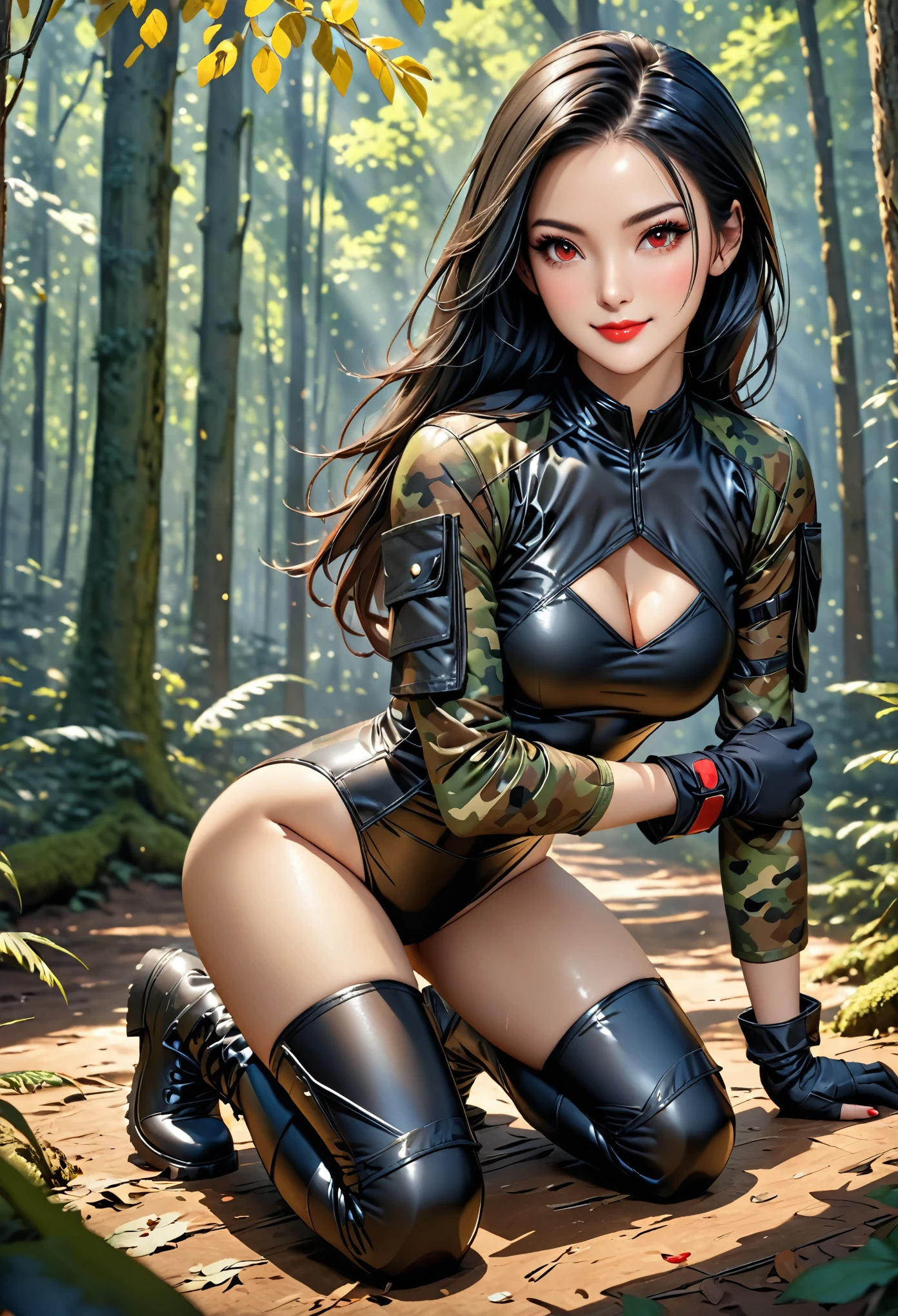 (young woman:1.5), (slightly transparent leather leotard in forest-camouflage-color, black combat boots, black fighting gloves), very long black hair, red eyes, eyeliner, make up, red lipstick, (smile:1.4), (realistic skin pores, skin impurities:1.0), 24k resolution, highly detailed, (natural front light:0.5), (full body shot:1.3), (realistic style:1.5), detailed skin texture, kneeling on the floor, dark forest background