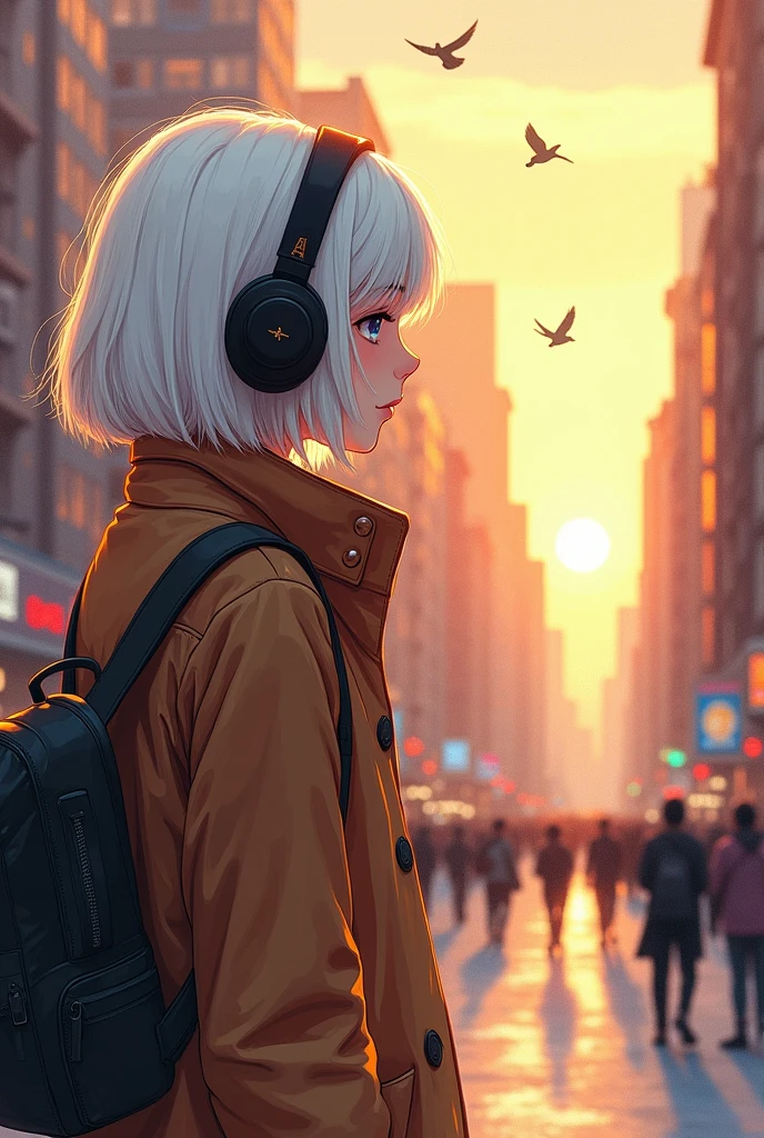 White-haired girl in a brown coat and headphones, A side view of a bustling city with birds flying in the sunset light, (Highest quality, 4K, High resolution, Very detailed), With an artistic touch of pencil sketch, Vibrant colors, Soft lighting