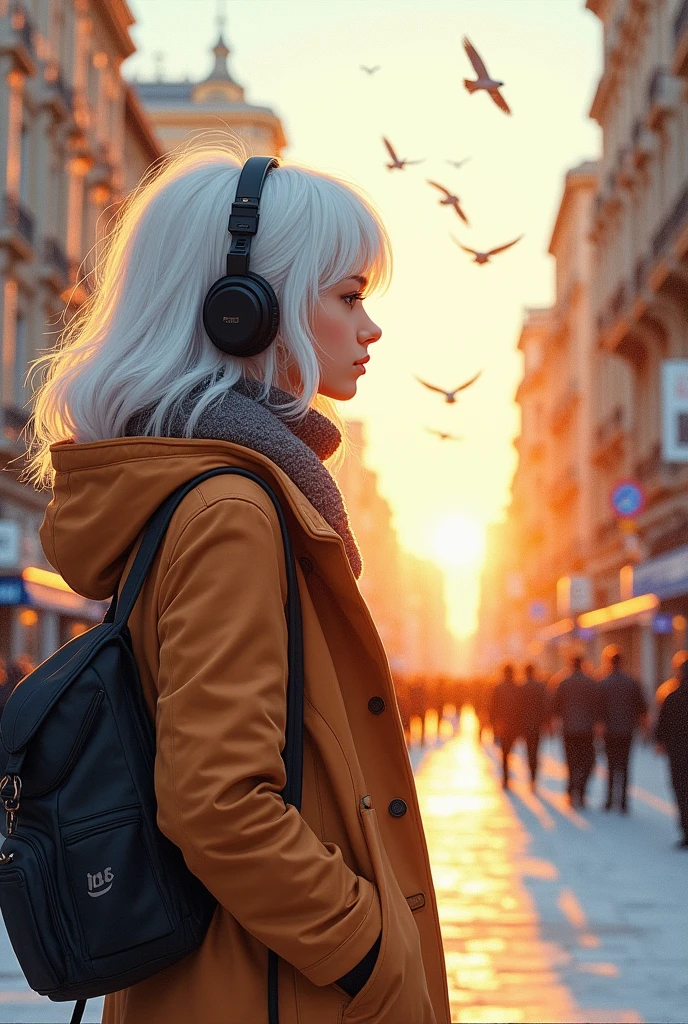 White-haired girl in a brown coat and headphones, A side view of a bustling city with birds flying in the sunset light, (Highest quality, 4K, High resolution, Very detailed), With an artistic touch of pencil sketch, Vibrant colors, Soft lighting