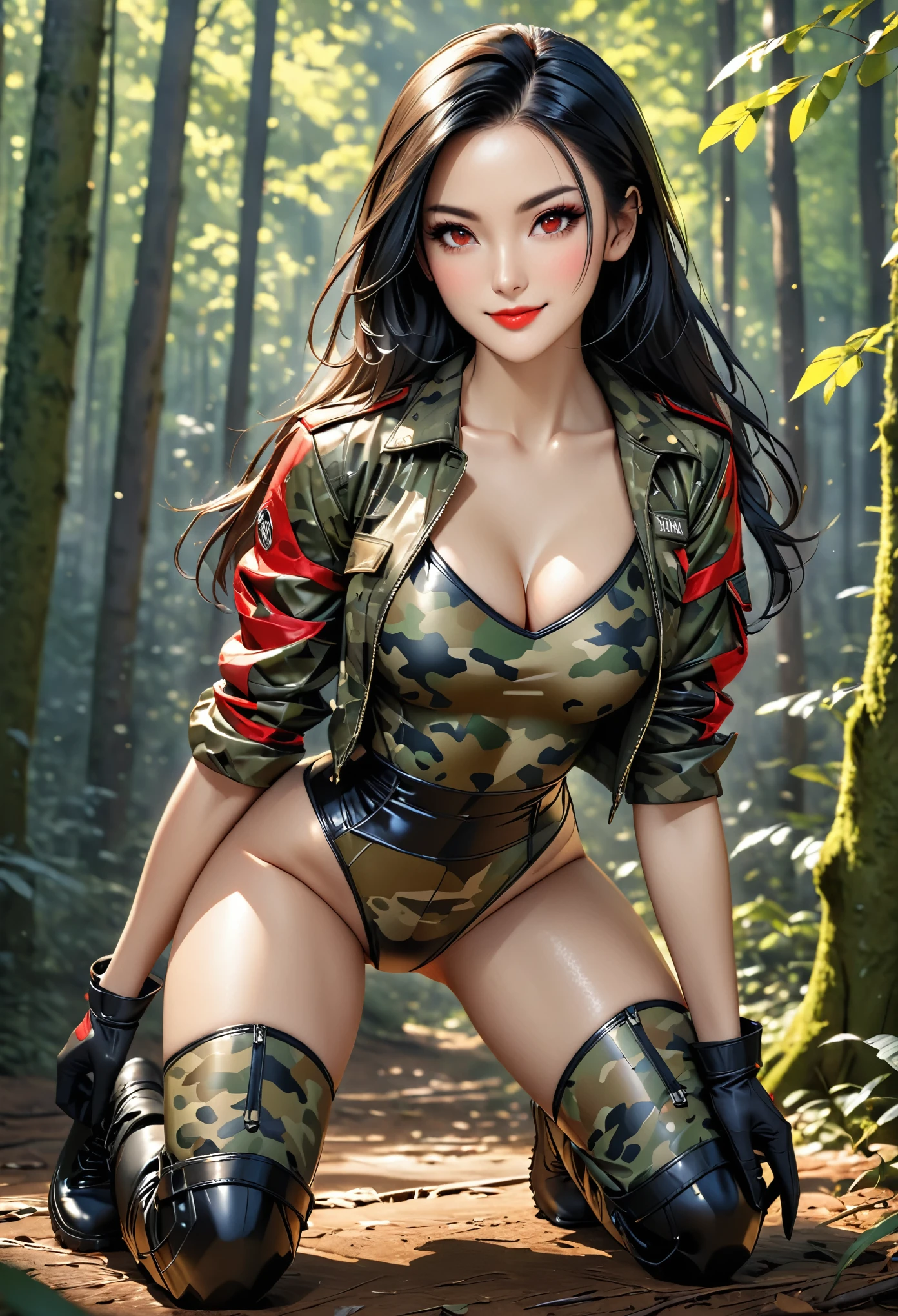 (young woman:1.5), (slightly transparent leather body in forest camouflage color, black combat boots, black combat gloves), very long black hair, red eye, eyeliner, the picture, red lipstick, (smile:1.4), (realistic skin pores, skin blemishes:1.0), 24K resolution, muito detalhado, (natural front light:0.5), (Full body shot:1.3), (realistic style:1.5), detailed skin structure, kneel on the floor, dark forest background