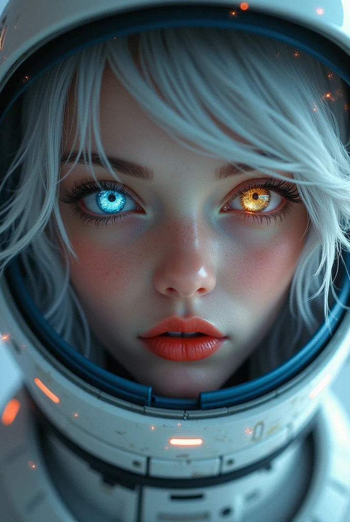 (Close-up of a better masterpiece:1.5)0.9], (Space and astronauts:1.2) (Messy silver hair:1.1) (Heterochromia xanthochromia and blue eyes:1.2) (Space Helmet:1.0) (Colored stars in the eyes:1.0) (A radiant glow:1.1) (thick lips:0.9) white girl, short hair, soft red lips, cute smile
