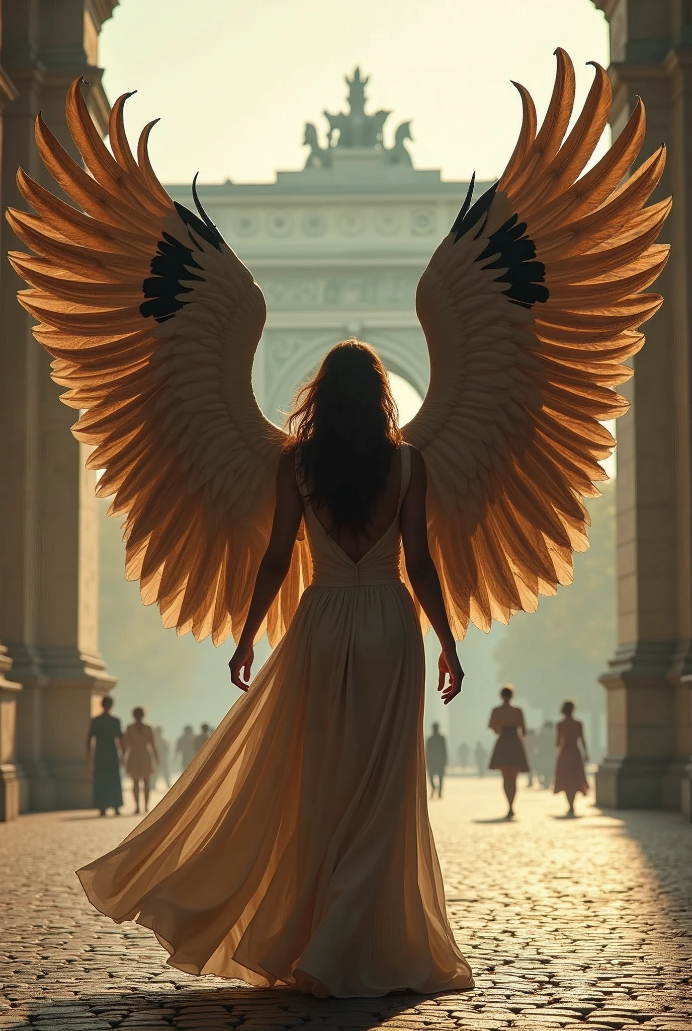 Arc de Triumphed, Champs-Élysées, Freedom fighter Female warrior, Fighting for freedom I have big eagle wings on my back so I can fly anywhere、Raise your hands high up to the sky、I always live in the Arc de Triomphe in France.、Invisible to humans, Surrealism, cinematic lighting, dutch angle, UHD, retina, masterpiece, accurate, anatomically correct, textured skin, super detail, high details, high quality, award winning, best quality, highres, 4K