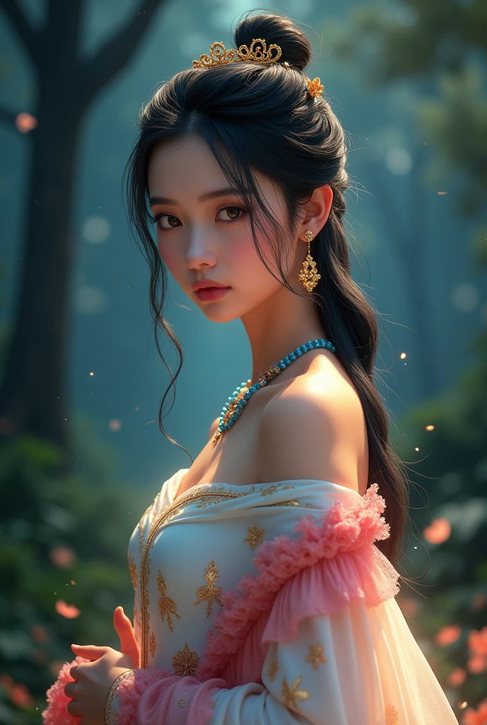 full lenght hiper 4k Think of it as a movie poster. In the Wind of Flowers. Full-length standing shot of a beautiful, sweet, and gentle 20-year-old woman. Pink lips and cheeks, looking straight ahead, wearing a white and gold Dusit Thai dress with sparkles, a white and gold sarong, a pink shawl, sparkling gold, and gold sparkles. The golden sparkles are on her long, black hair, tied loosely. She wears a small golden crown of Naga. She wears blue necklace and earrings. The light from the stars, a beautiful and realistic scene of a mysterious jungle. The light shines. 3D image, oil painting, sharp image