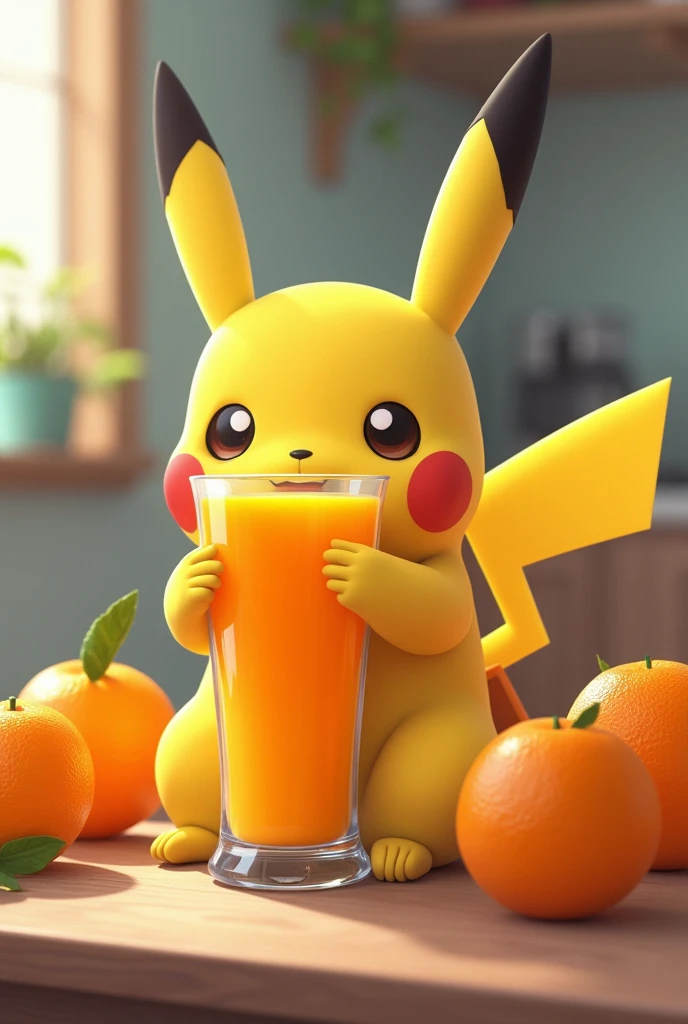 Pikachu drinking orange juice