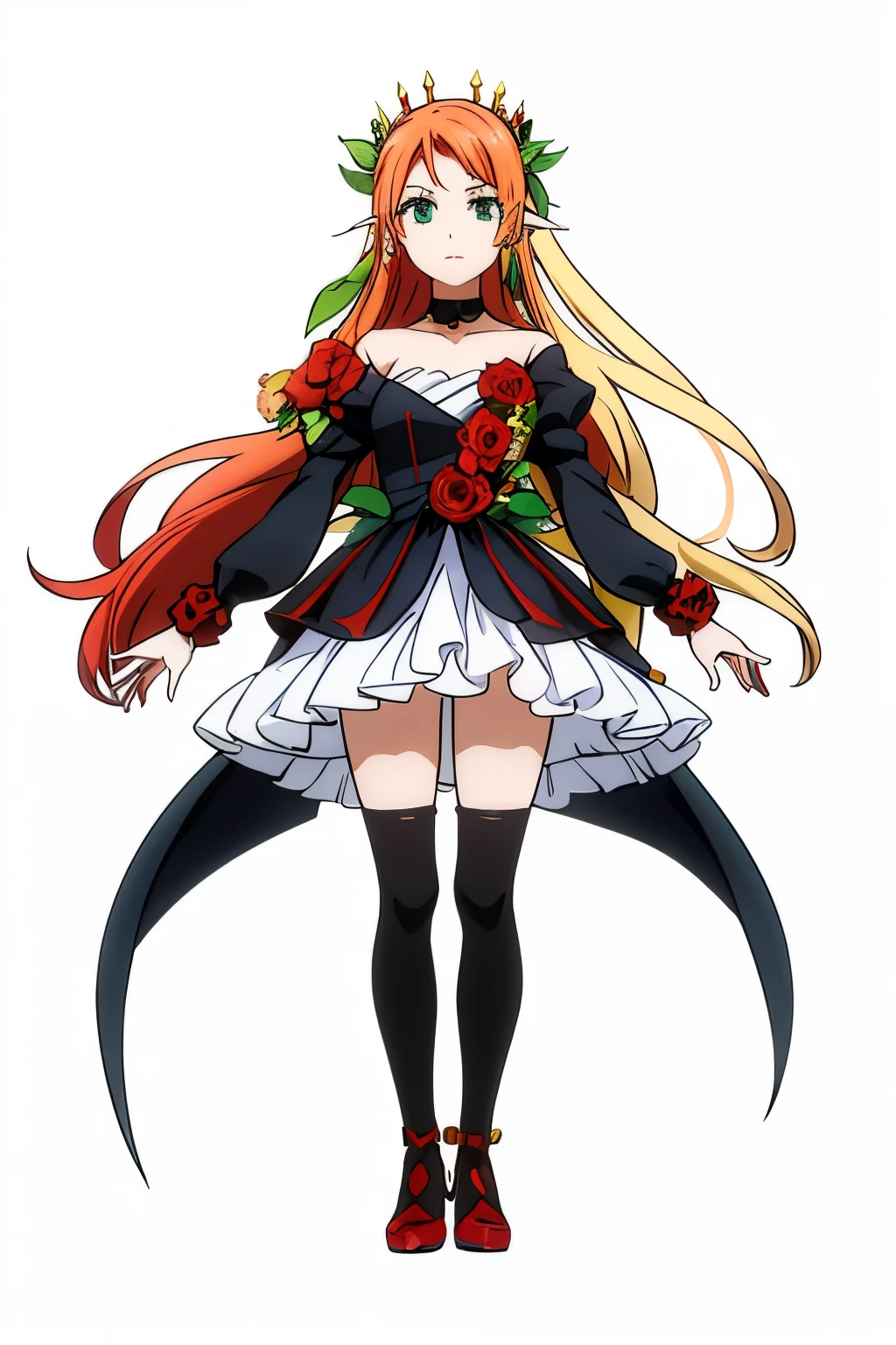 He plays the villain.、red and black long short dress、Red lips、Powerful makeup、Green Eyes、She has straight orange hair、Wearing an Elven Crown。