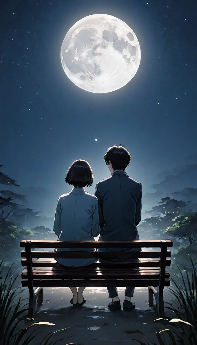 (((Man and woman sitting on bench:1.5)))、Highest quality、masterpiece、Takuki Ishikawa、I hate the moon、Meiji period of Japan、Wabi-sabi art、Beautiful landscape painting、night、night間、(((nightの公園のTwo people sitting on a benchの男女:1.2、Two people sitting on a bench)))、(((Rear viewの男女、Two people standing nearby)))、Rear view、美しいRear view、Rear view、dark、full moonのnight、full moon、nightのベンチ、Meiji was a custom、Taisho Romance、Rear viewの二人、Long Shot、Full body angle、dark照明、moonlight、