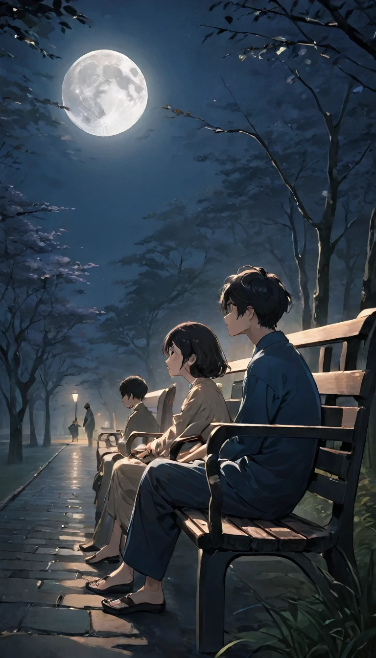 (((Man and woman sitting on bench:1.5)))、Highest quality、masterpiece、Takuki Ishikawa、I hate the moon、Meiji period of Japan、Wabi-sabi art、Beautiful landscape painting、night、night間、(((nightの公園のTwo people sitting on a benchの男女:1.2、Two people sitting on a bench)))、(((Rear viewの男女、Two people standing nearby)))、Rear view、美しいRear view、Rear view、dark、full moonのnight、full moon、nightのベンチ、Meiji was a custom、Taisho Romance、Rear viewの二人、Long Shot、Full body angle、dark照明、moonlight、