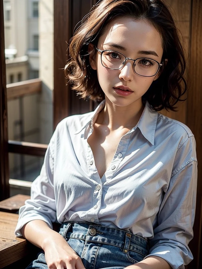 nsfw, (masterpiece:1.2, highest quality), (Realistic, photoRealistic:1.4), Beautiful illustrations, (Natural Side Lighting, Cinema Lighting), Written boundary depth, Beautiful thighs staring at the viewer, (((Face Focus, Upper Body))), 1 female, 30-year-old, alone, thin, slender, (small breasts), short Hair, Curly Hair, Forehead, Forehead, Forehead, Forehead, thin, slender, glasses, white shirt, denim skirt, Are standing, ((Close-up)), ((Close-up)), ((Close-up))