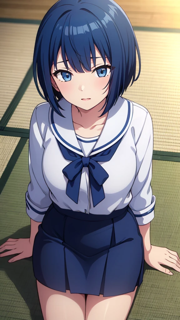 ((masterpiece, Highest quality, Very detailed, Very nice 8K CG wallpaper)), , A little thick, Medium Hair, Blue Hair, short hair, blue eyes,judo player、saylor styled uniform、Large bust、Sailor suit、mini skirt、judo、Cute expression、Inside the judo Gymnasium、、On the tatami、discovery、One Girl、whole body、rest、Haruka Kiritani、Bust Size C Cup、幼い頃judo家によって育てられた