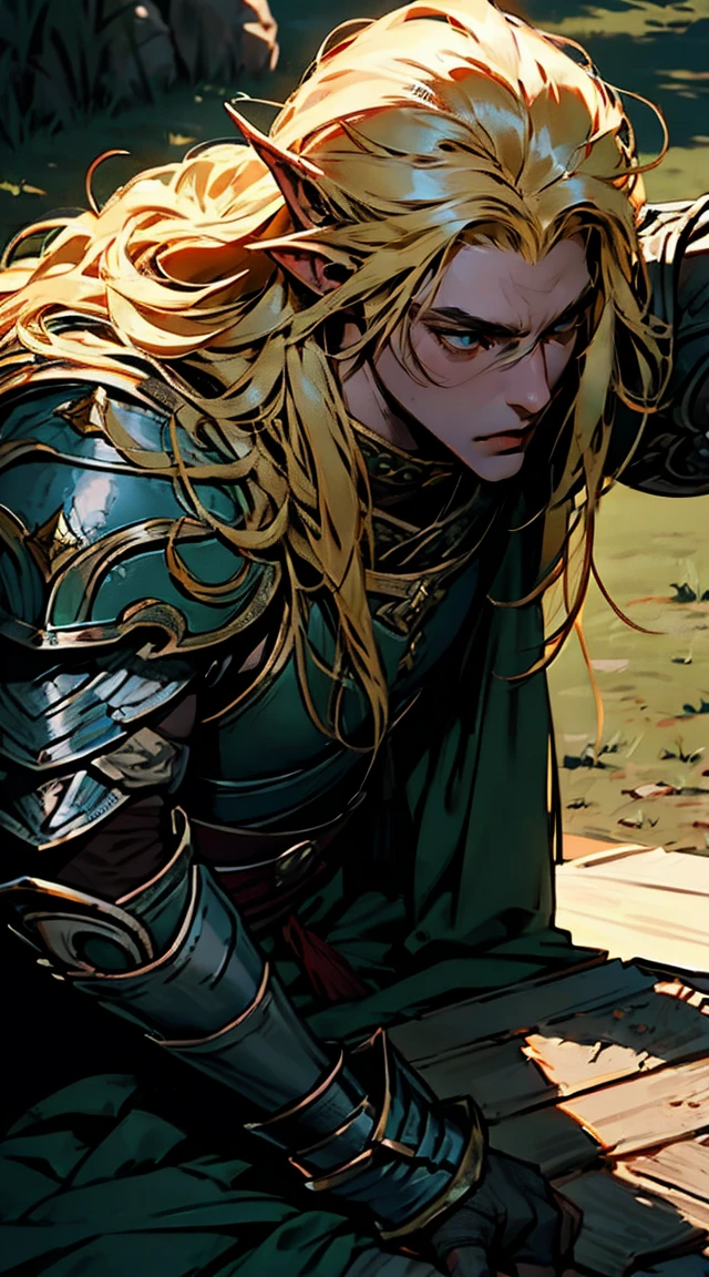 piece of art, better quality, 1 person, adult, male focus, One, blonde hair, long hair, bright green eyes, heavy armor, Male, cloak, dark skin,  Battle cry, Fantasy aesthetics, very detailed, shadow universe style, elf ear, Looking up, Elven Knight Armor. Holding a Chinese halberd, going, letter, lying down, standing, on the back, struggle, dynamic poses. Get ready to dive into the world, where beauty and craftsmanship merge beautifully.