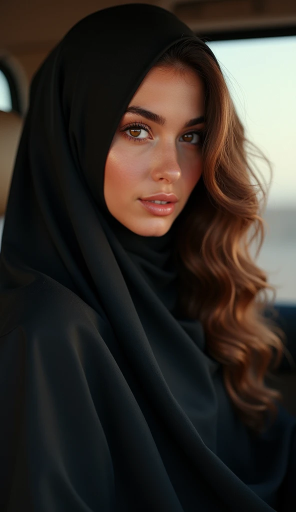 beautfull woman, 26 years old, 170cm tall, 80kg, average build, Arabic, honey brown hair, brown dark eyes, Wearing a black abaya, borrowing a jeep car, realisitic, photorealisitic, hyper detailled, high qualiy, 8k, work of art, details Intricate, dramatic lighting, film composition, natural skin tones, volumetric lighting, Depth of field, ultra detali, Physically based rendering, professional photograpy