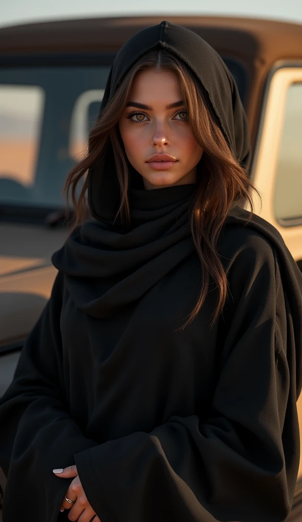 beautfull woman, 26 years old, 170cm tall, 80kg, average build, Arabic, honey brown hair, brown dark eyes, Wearing a black abaya, borrowing a jeep car, realisitic, photorealisitic, hyper detailled, high qualiy, 8k, work of art, details Intricate, dramatic lighting, film composition, natural skin tones, volumetric lighting, Depth of field, ultra detali, Physically based rendering, professional photograpy