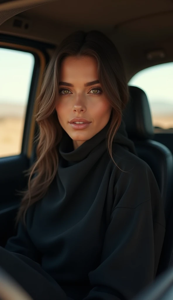 beautfull woman, 26 years old, 170cm tall, 80kg, average build, Arabic, honey brown hair, brown dark eyes, Wearing a black abaya, borrowing a jeep car, realisitic, photorealisitic, hyper detailled, high qualiy, 8k, work of art, details Intricate, dramatic lighting, film composition, natural skin tones, volumetric lighting, Depth of field, ultra detali, Physically based rendering, professional photograpy