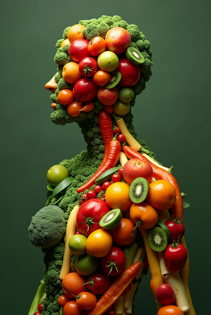 mj, close-up cinematic photo of a human body made up of only fruits and vegetables