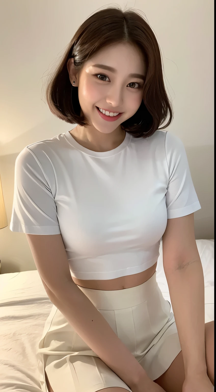 White tight shirt、White Mini Skirt、bed、smile、Short sleeve、high resolution、Korean idol face、double eyelid、White teeth、short hair