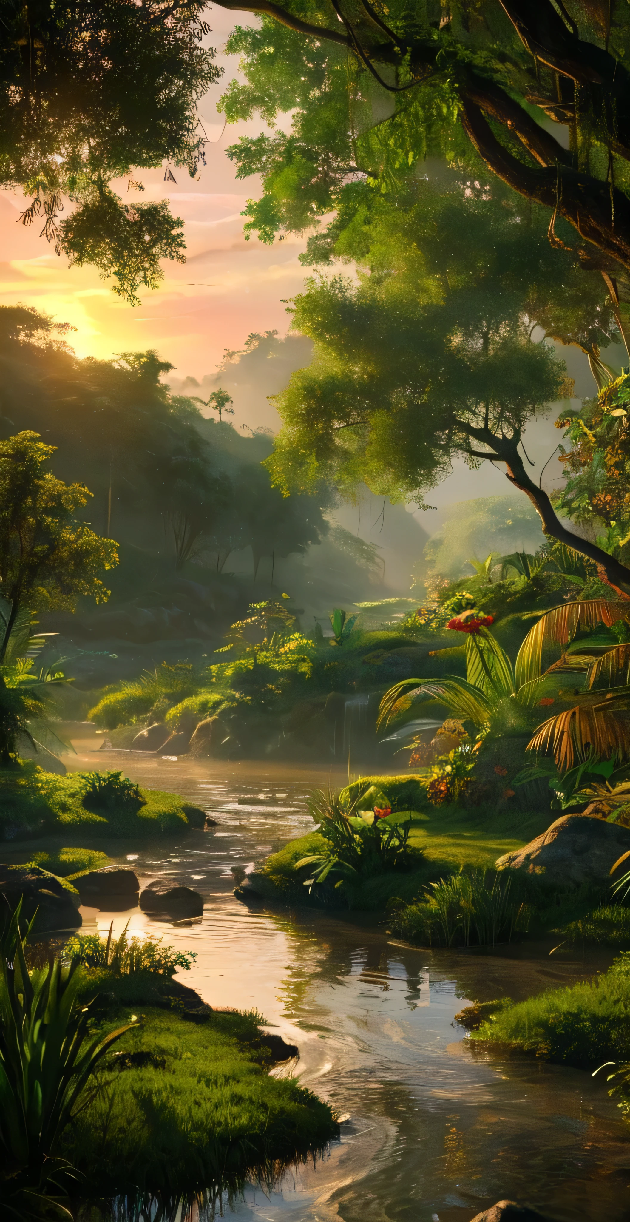 Depicting a mysterious river in the Amazon forest、Ultra-realistic and highly detailed beautiful masterpiece, With the setting sun, 