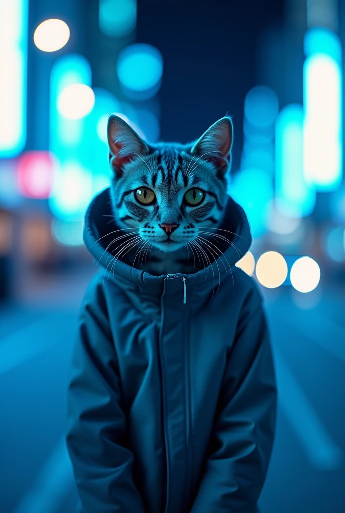 The best cell phone wallpaper, Award-Winning Wallpaper, portrait photography, In the front view is a portrait of a cute cat wearing mid-1960s space age fashion, Side view photo, Shot with Canon EOS R5, Set a strong contrast that accentuates the subject, Fluorescent blue tone, Wearing a very modern coat and a modern 1960s style, Clothes all in one color, beautiful background blur night city 