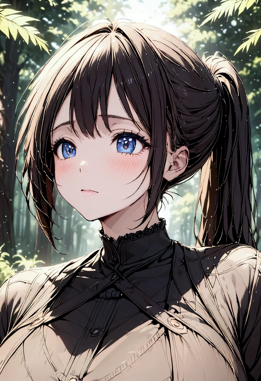 Girl with ponytail, and a suit in a forest 