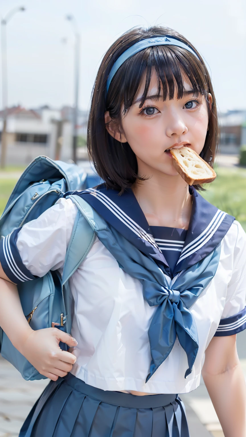 One Woman, (Beautiful woman, delicate :1.3), Black Hair, (bob cur:1.4), bangs, 8k, Highest quality, masterpiece, Very detailed, Ultra-high resolution, Realistic, RAW Photos, Absolute Resolution, Black Hair, (sky blue color sailor uniform:1.4), (sky blue color pleated skirt:1.4), (Realistic :1.4), ((White headband:1.4)), Small breasts, expensive, Bright Blue Eyes, (In front of the school gate), smile, (standing pose:1.4), (one school bag on shoulder:1.4), (long skirt:1.4), slender female body, (Blur the background:1.4), (looking at the camera:1.4), (glossy hair), (toast in mouth:1.4), (Sprinting while eating bread:1.4), , 