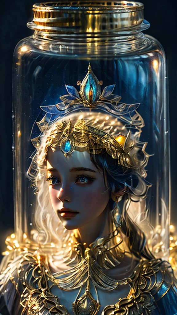 a glass jar with a girl inside of it, beautiful render of a fairytale, golden miniatures, fantasy cityscape, enchanted dreams, beautiful art