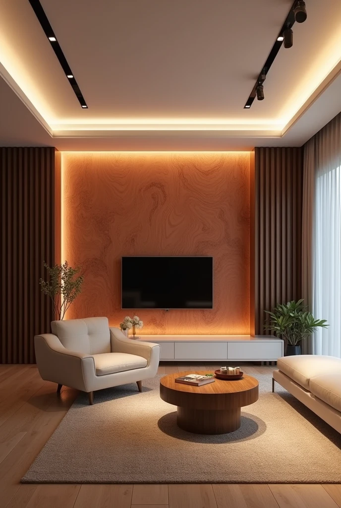 Living room MDF panel with reddish wood print Ceiling with recessed lights