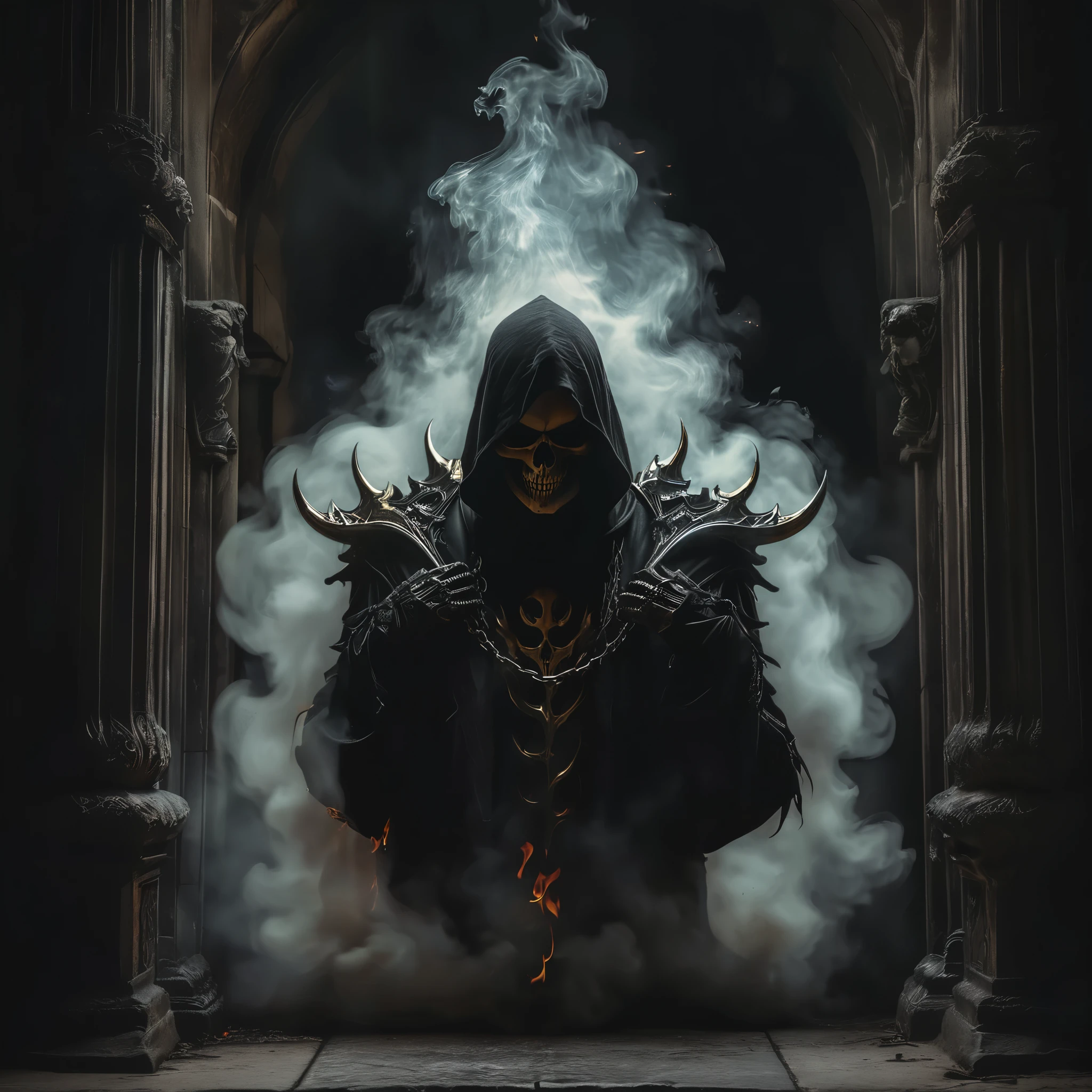 a close up of a skull with flames on it's face, flaming skull, fiery skull contemplating life, skull design for a rock band, flame, flaming grim reaper, heavy metal art style, ghost rider, heavy metal tshirt design, skull like, flames in the background, profile pic, phone wallpaper