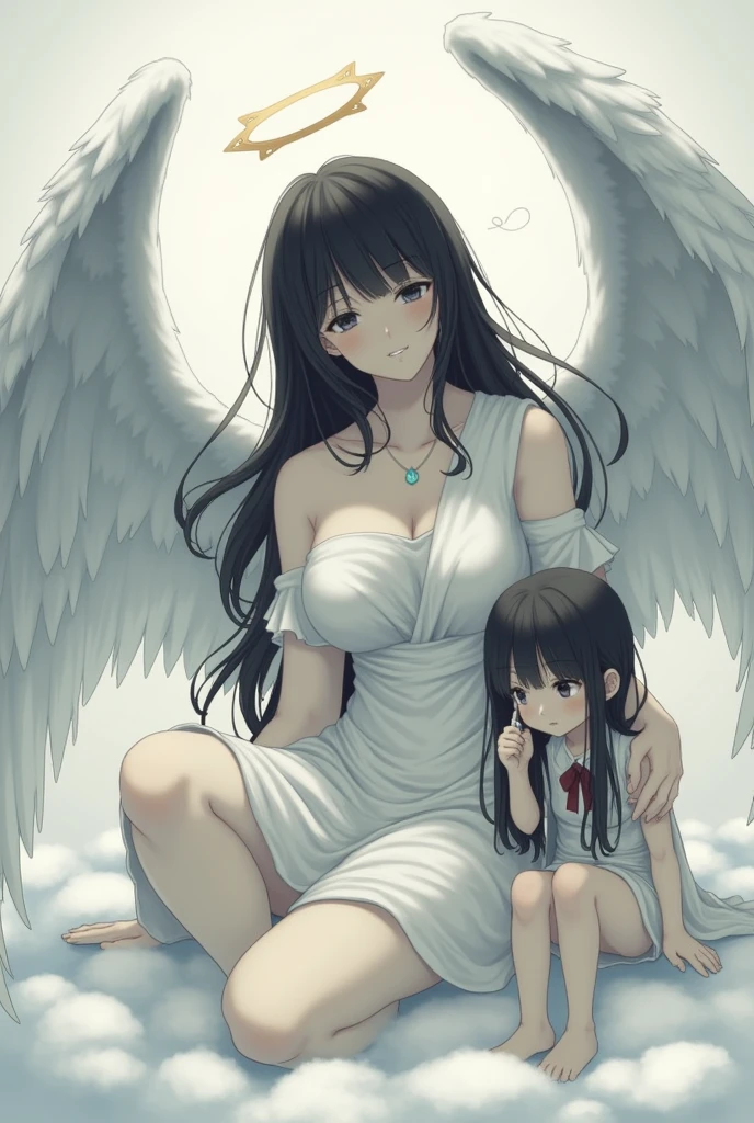 1 girl,long black hair,big breasts,angel,angel wings,halo,white tunic,languid,sluggish,empty eyes,bored,lonely,sigh,half-closed eyes,sharp eyes,open eyes,air is heavy,sitting,Right knee up,Right elbow on right knee,holds a cigarette in his right hand,exhaling cigarette smoke from his mouth,heaven,floor is made of fluffy clouds