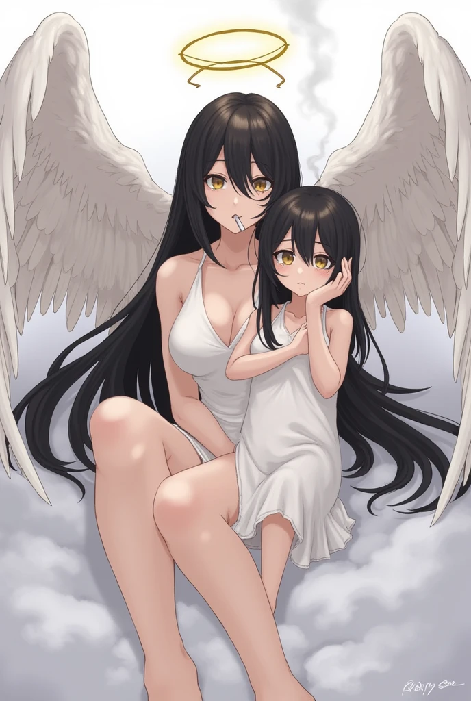 1 girl,long black hair,big breasts,angel,angel wings,halo,white tunic,languid,sluggish,empty eyes,bored,lonely,sigh,half-closed eyes,sharp eyes,open eyes,air is heavy,sitting,Right knee up,Right elbow on right knee,holds a cigarette in his right hand,exhaling cigarette smoke from his mouth,heaven,floor is made of fluffy clouds