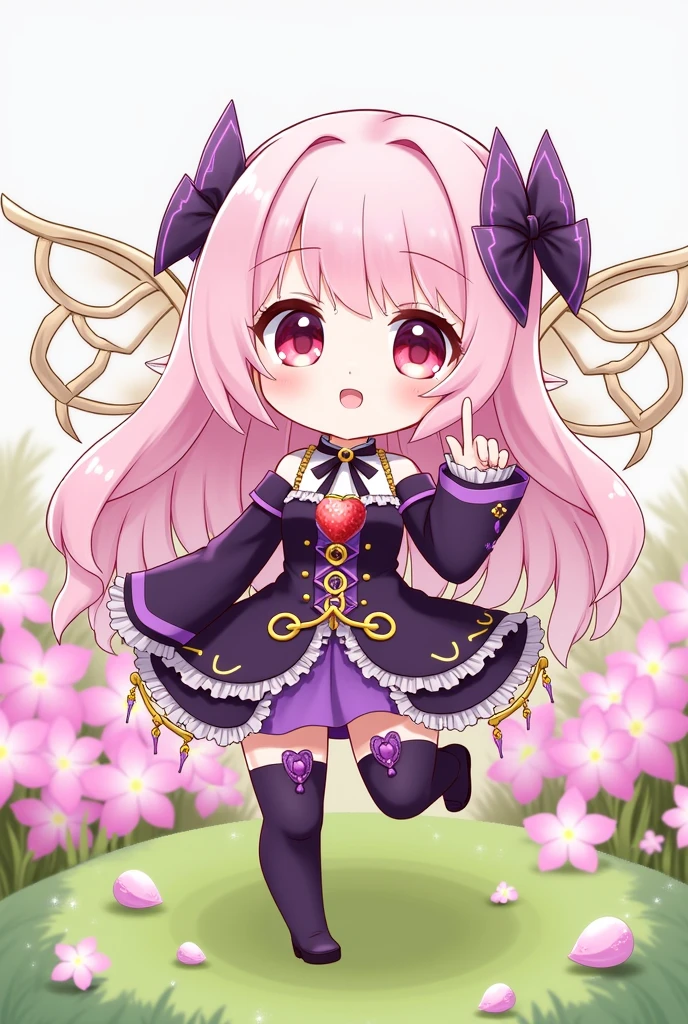 ( high quality , Very detailed, look at your hands )This character is繊細な特徴を持つ美しくデザインされたアニメのようなキャラクターです. She has been a long time, Pastel pink hair that flows down to her ankles, Bangs swept to the side. Her eyes are large and expressive, Pink Iris, Often seen on anime-style characters. She wears a fantasy-inspired outfit that combines purple and black colors with gold accents.。. This costume has、Comes with a fitted high collar bodice。, Frills, Lace details, Thigh-high stockings with ribbon. The character is adorned with ribbon-like accessories, Big ribbon in hair、Small ribbons on clothes. She has gold chains hanging from her waist and thighs.。. Her pose is playful, Raise one leg lightly、Put your finger to your lips, Connotating secrecy or silence. moreover, She has two exquisite wings, May be mechanical or magical in nature, Has multiple segments and a circular design near the base. This character is、The scene is depicted in vibrant colors with flowers blooming that match the color of her hair.。, Grass Spots, And jewels on the ground, Creates a whimsical and otherworldly atmosphere.Chibi Character,She has a strawberry hair accessory
