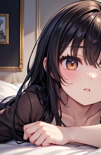 ((Highest quality)),(超High resolution),(Very detailed),(Detailed Description),((The best CG)),(a masterpiece of art),Ultra-detailed art,Amazing painting art,(Art with precise detail:1.5), Portraiture:1.6,Bust Shot:1.4,(1 female:1.5),Beautiful and well-proportioned face:1.5、Highest quality, Japanese、girl,thin、Small face、Brown eyes、expensive、 High resolution,Black Hair、Long Hair、Hotel、naked、Nipples、、Lying in bed、mature、Large Breasts