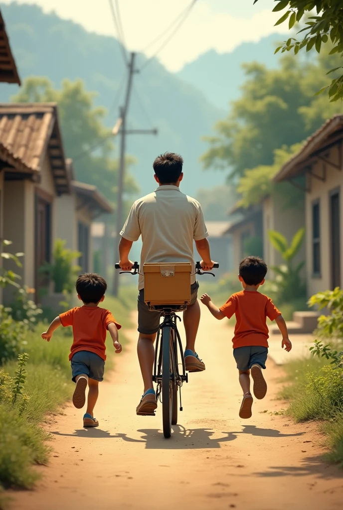 A young father riding a foot bicycle, a box on the back of ladgej in bicycle and two boys run with him happily towards the poor home in a village back  view