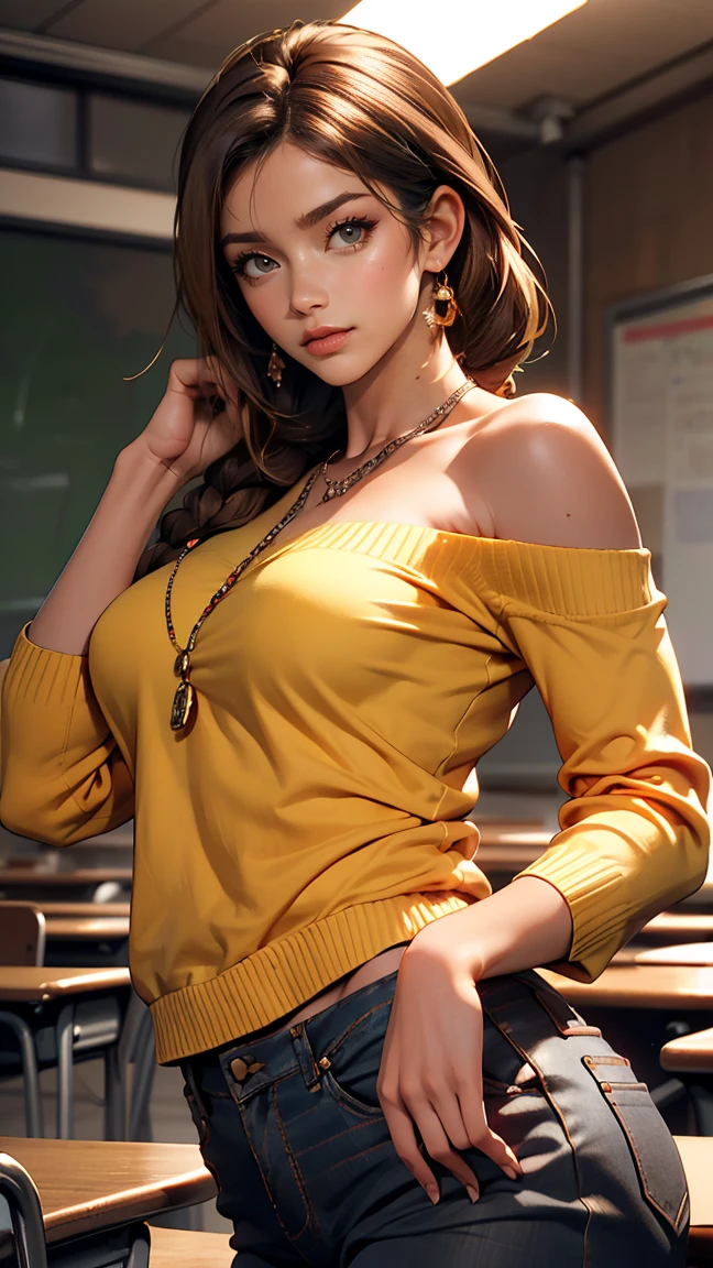 beautiful woman, Brown eyes, (brown skin:1.4), sharp focus, , High detail, real hands, perfect lighting, photorealism, ((ultra quality)), ((masterpiece)), A woman, 30 years old, light brown eyes, Dark skin, full lips, Alone, looking at the viewer, Classroom background, blurred background, bokeh, depth of field, kkw-ph1, (masterpiece), (8K work), Digital art, Best Quality, (masterpiece, Best Quality, ultra detailed), High resolution, expressive, Perfect eyes, 1 woman, (pose sexy), eyes open to the viewer, looking at the viewer,*** ((teacher appleberry )), Dark brown hair, kindergarden teacher, ((Brown leather)), (dark brown eyes: 1.3), Long hair, ((braided ponytail over the shoulder)) , (side parted hair), a loose lock, ((yellow wide sweater: 1.1)),tejano bluejeans pants, ((depth of field)), ((high quality clear image)), ((High detail)), realistically, Professional photo session, ((clear focus))