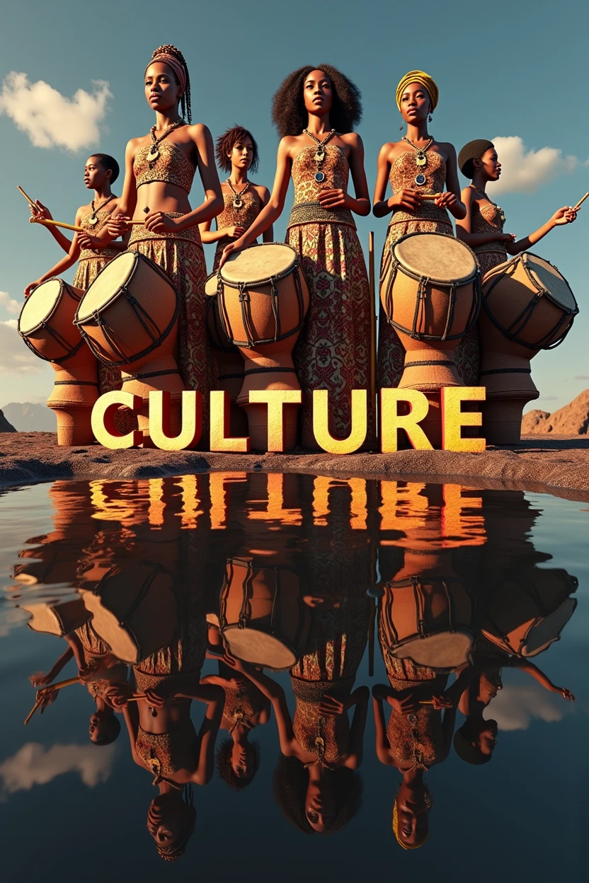 ((Double Exposure)) ((Photography)) of the ((drums)) and ((african beads)) and ((african percussion instruments)) blending together in the word ((CULTURE)), artfully captured with a ((70mm lens)) on a ((clear sunny day)), intricate details and ((hyperrealistic)) patterns that draw the eye, providing a unique and creative way to showcase this breathtaking scene. ((Unreal Engine 5)) ((Rendered))