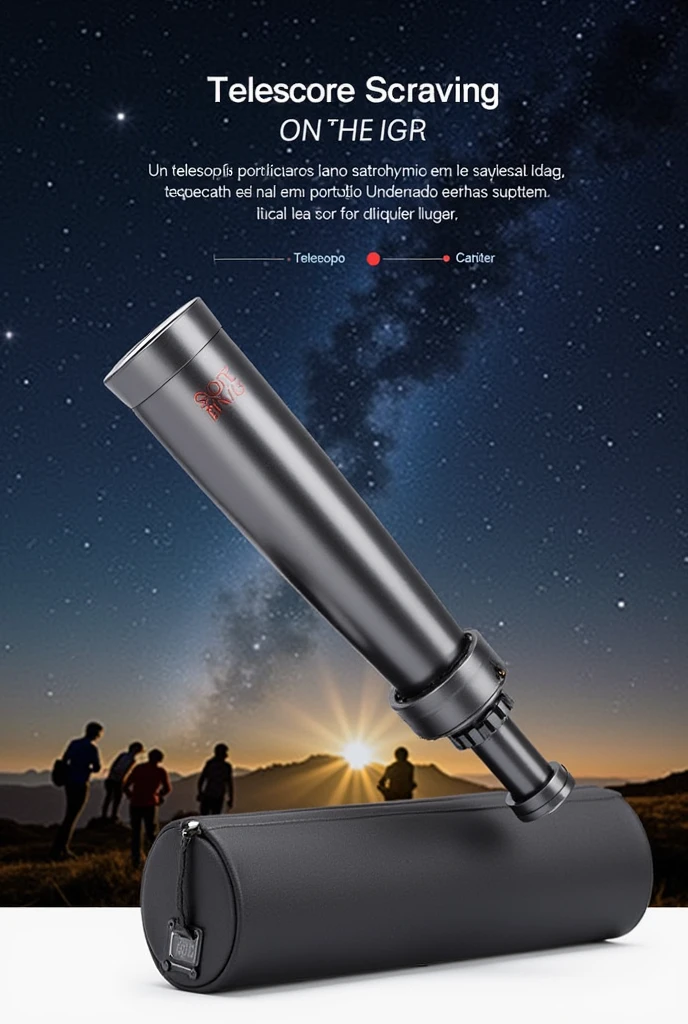 Advertisement for a portable telescope that can be stored in a bag with a description in Spanish