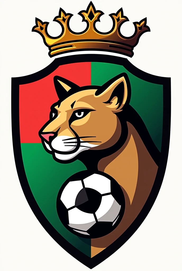 Generate a football shield for a team called 'Pumas F.c.'. The shield must include an image of a puma, a flag with the colors red and green, a crown on top, and a soccer ball.