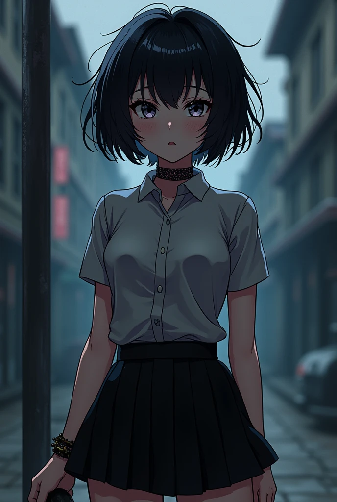 Emo female anime character ,short black hair,short skirt ,with blouse