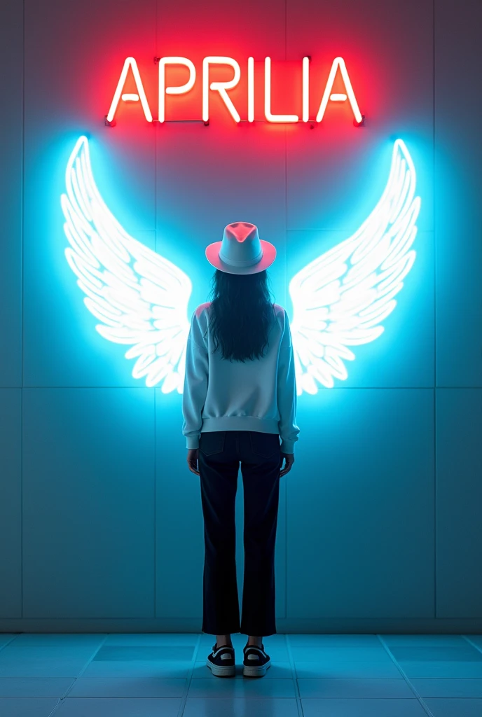 In this striking and futuristic scene, a mysterious girl stands confidently in front of a dazzling neon wall. Individual casual wear – white sweater, white hat, black pants, and black shoes – contrasting with the bright white neon wings, placed symmetrically on both sides of the image. The bold red neon quote “APRILIA” adds an inspiring touch to the composition.. The floor is made of tiles which reflect the greyish color of the walls.,