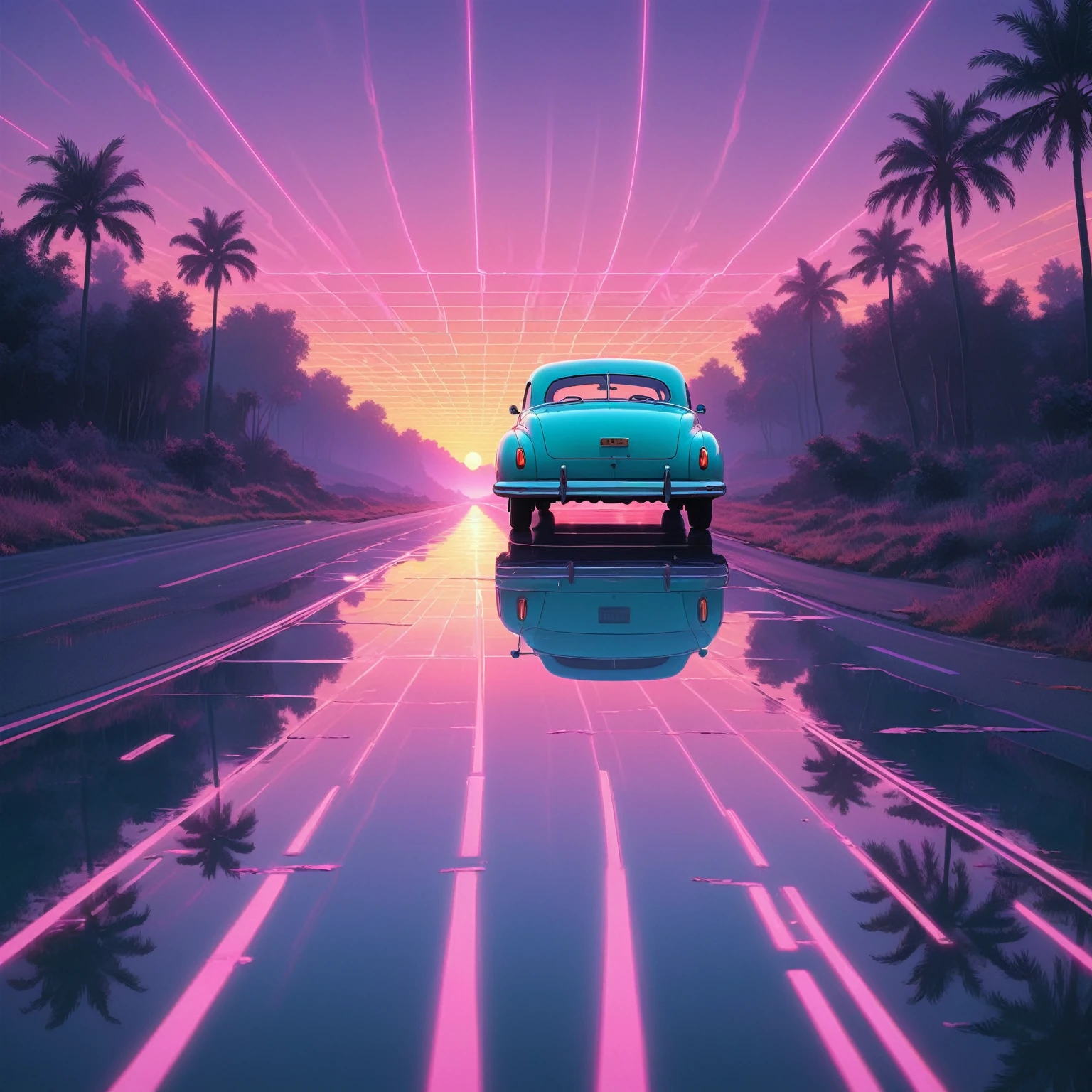 Vaporwave aesthetics, A perfectly symmetrical line grid reflected in the sky, Neon and pastel palette, Nostalgic dreamscape, Sunset in the background, Road parallel to the riverbank, A 1940s car drives down the road, Minimalist art design, Very detailed, 8k resolution, Isoscale