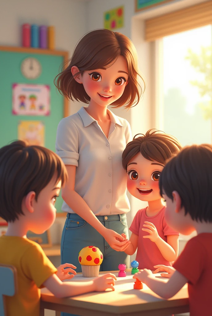 Pretty teacher playing with her preschool students, The teacher with short shoulder-length light brown hair with red and honey-colored eyes