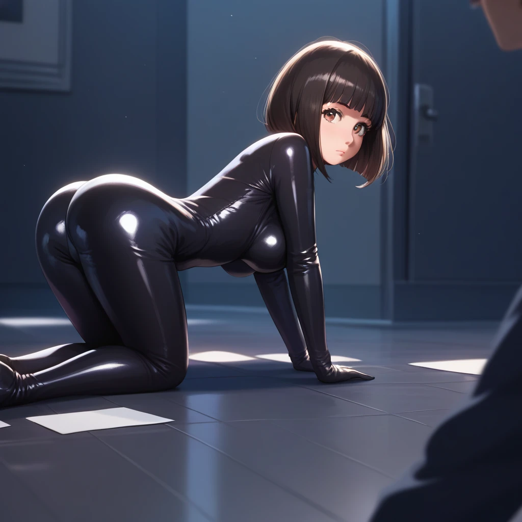 score_9,score_8_up,score_7_up,masterpiece,best quality, source_anime, realistic, super detailed, extreme detailed, rating_safe,
1girl, all fours on floor, from behind, ass focus, sneak in, spy,
BREAK girl, 22yo, short hair, bob cut, (blunt bangs), black hair, (tareme, detailed cute brown eyes), curled eyelashes, (large breasts:0.9), 
shiny hair, beautiful detailed eyes, beautiful face,
(black bodysuit, luster, glossy, shiny, latex, bodysuit, tights, gloves), 
serious,  
office, night, (darkness:1.3),