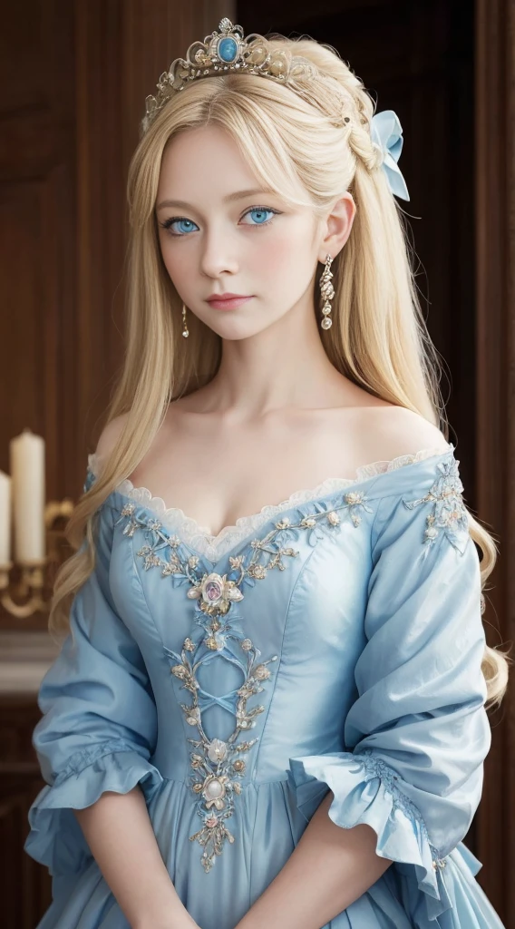 oil、Highest quality、masterpiece、One girl、Dresses from the Belle Époque era、Lady、((Swedish、Blonde, Ice Blue Eyes, Shy expression:1.4)), Woman in light blue dress, slim and small breasts, ロココQueen, rococo style portrait, Exquisite and aristocratic, Aristocratic appearance, Renaissance style, victorian aristocracy, 優雅なLadyとして, 1 7 th century duchess, princess, Queen, 1 8 th century style