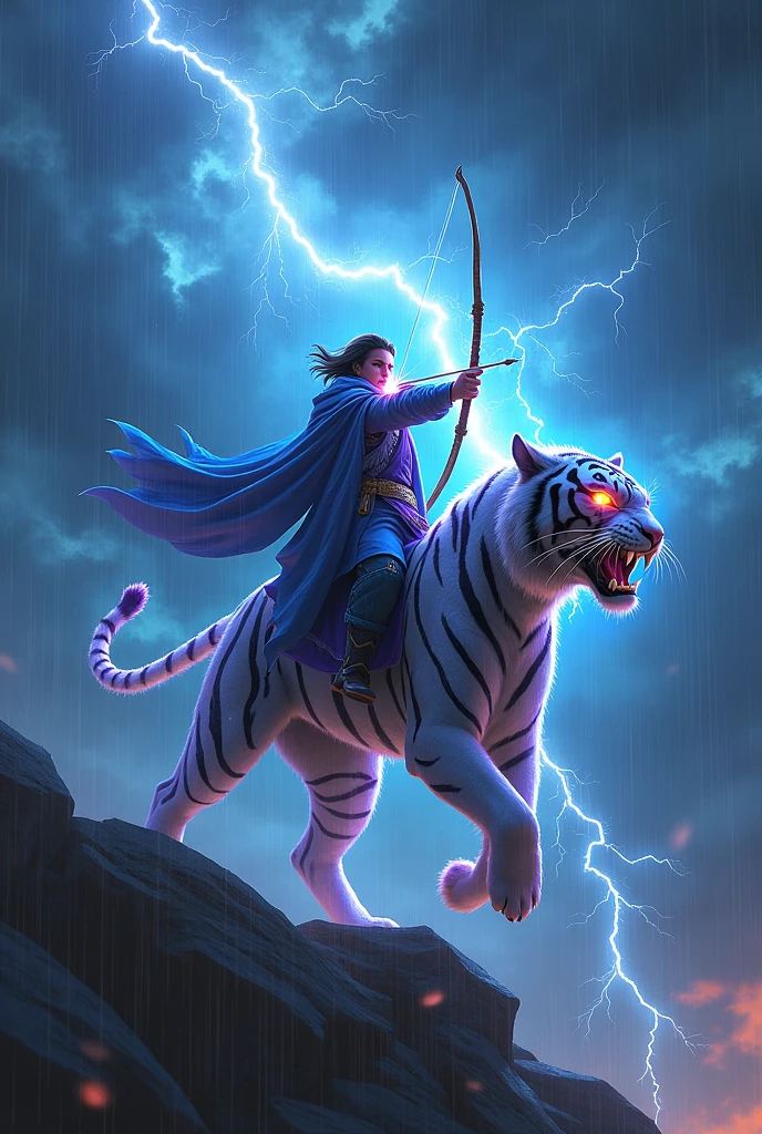 Lightning mage with bow and arrow controlling thunder storm mounted on a lightning tiger