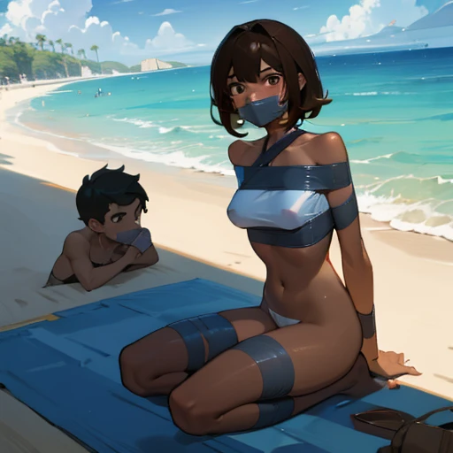 Naked Brown skinned girl on a Sunny beach wearing a tape gag, beside her is a white skinned boy