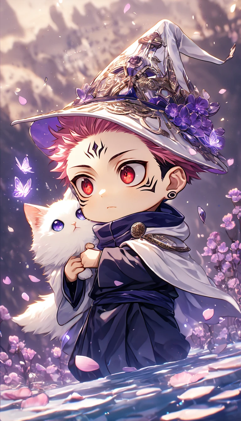 Ultra detailed, HDR, Highres, absurdres, master piece, Ryoumen Sukuna chibi, pink hair, expressive red eyes, white magic hat, white cape, Jujutsu Kaisen, cute, adorable, holding a white fluffy cat, purple flowers, petals, fantasy, magical, purple leaves, best quality, glittering, water, purple shining fireflies, solo, small purple butterflies,