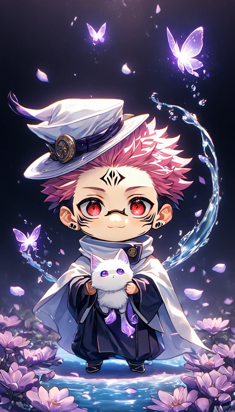 Ultra detailed, HDR, Highres, absurdres, master piece, Ryoumen Sukuna chibi, pink hair, expressive red eyes, white magic hat, white cape, Jujutsu Kaisen, cute, adorable, holding a white fluffy cat, purple flowers, petals, fantasy, magical, purple leaves, best quality, glittering, water, purple shining fireflies, solo, small purple butterflies,